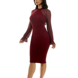 Dylan Ryan Burgundy Midi Dress Metallic-Stripe Illusion-Yoke NWT S